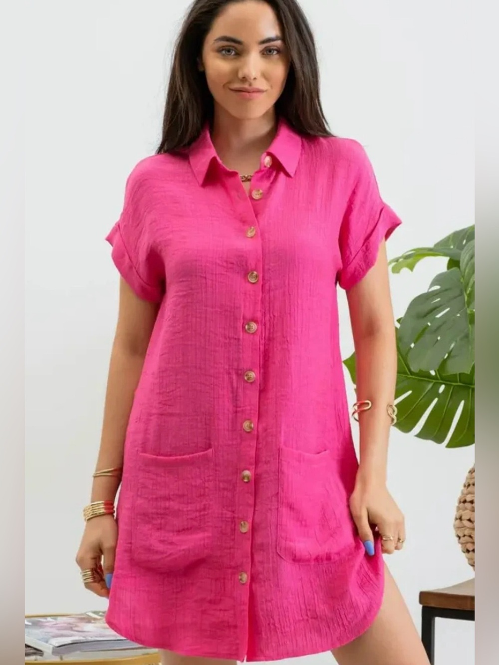 Blu Pepper Women’s Collared Button Down Fuchsia Tunic Mini Dress Size Small